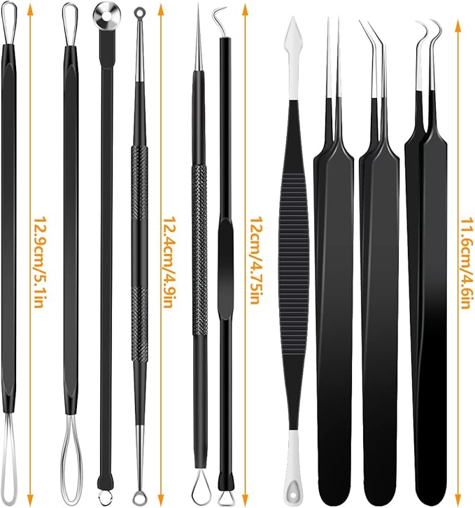 10pcs Pimple Popper Tool Kit Stainless Steel Blackhead Remover Tool Comedones Extractor for Forehead Facial Nose Lightweight Acne Needle Tool with Metal Case for Travel Home Use