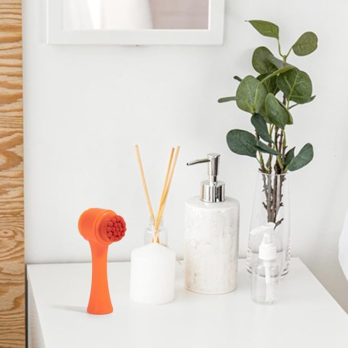 Face Brush 2 in 1, Silicone Facial Cleansing Exfoliating Brush Soft Bristles Pore Deep Cleansing Manual Dual Face Wash Scrub Brush for Massaging, Makeup Skincare Removal, Fluorescent Orange