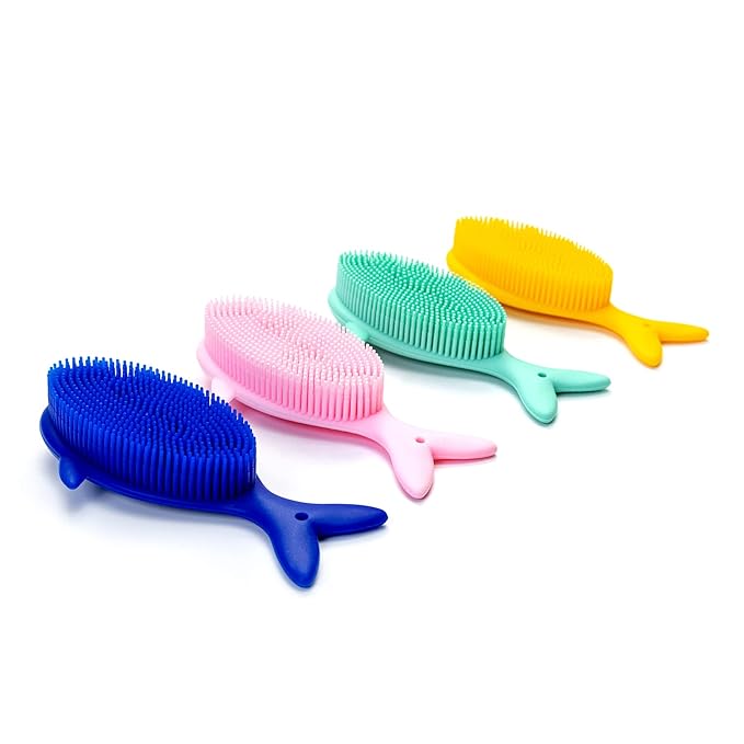 Premium Sensory Brushes for Kids or Autism,Soft Silicone Body Scrubber,2 in 1 Sensory Room Occupational Therapy,Silicone Loofah,Pets Shower Brush Bath Brush Shampoo Brush (4pcs(Whale))