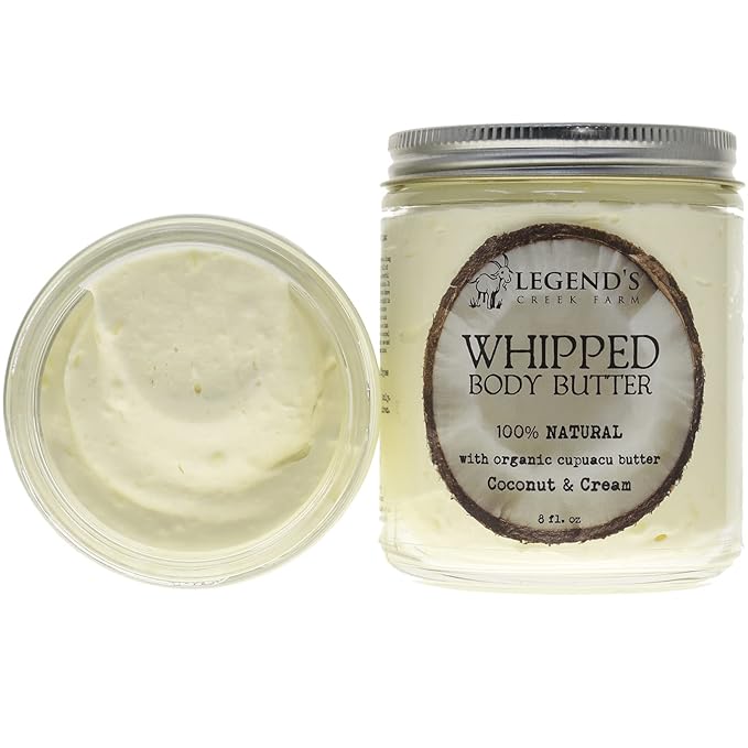 Legend's Creek Farm, Goat Milk Body Butter - Hydrating Natural Body Moisturizer with Organic Shea Butter & Grape Seed Oil - 8 Oz Purifying & Toning Whipped Body Butter (Cupuacu Coconut & Cream)
