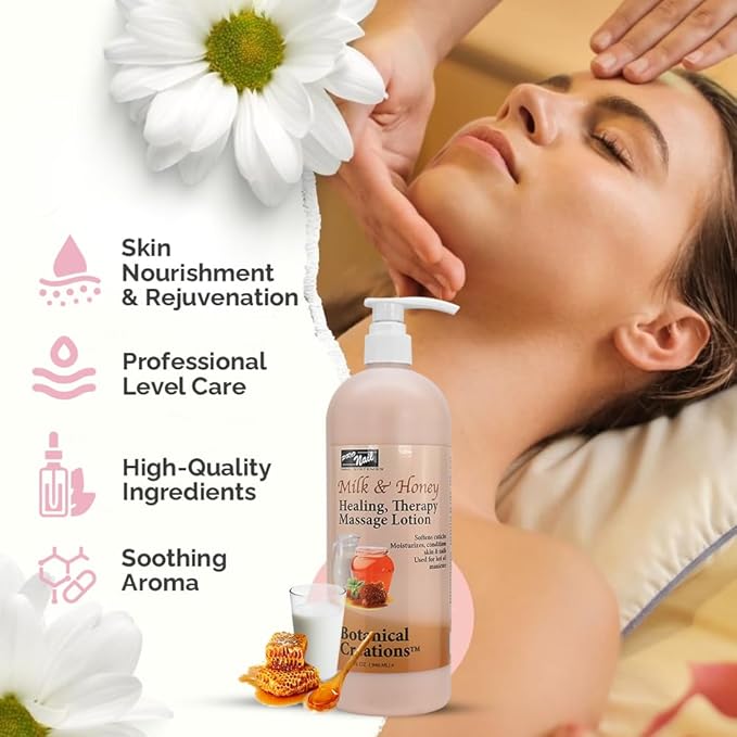 PRO NAIL - Healing Therapy Massage Lotion - Professional Pedicure, Body and Hot Oil Manicure, Infused with Natural Oils, Vitamins, Panthenol and Amino Acids (Milk and Honey, 32 Ounce)