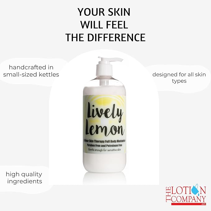 Lively Lemon Body Lotion – 24 Hour Moisturizer by The Lotion Company | Handcrafted in USA | Paraben-Free, Lightweight Skincare for Dry, Sensitive Skin | Small-Batch Father-Daughter Brand | 16 oz