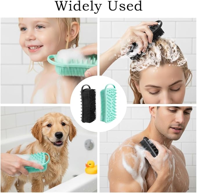 2 PCS Soft Silicone Body Scrubber, 2 in 1 Exfoliating Shower Bath Scrubber, Silicone Loofah Bath and Shampoo Brush Body Shower Use Shower Hair Scalp Massager, Easy to Clean, Lather Well (Black&Green)