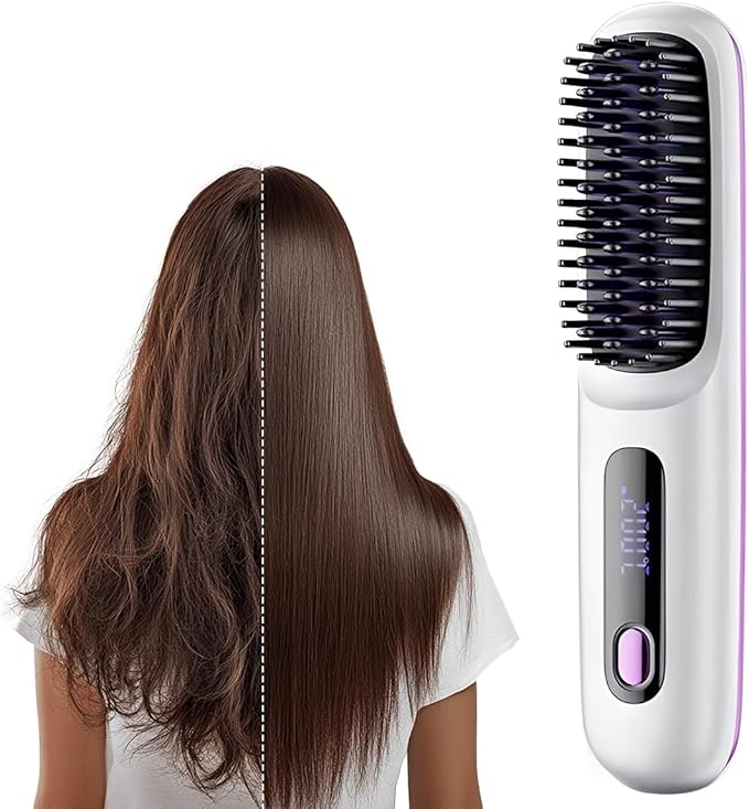 Go Brush Pro, 2026 Upgraded Go Brush Pro, Portable Straightener Brushs for Travel, with LCD Temperature Display, Fast Heating Cordless Mini Hair Brushs, Portable Hair Straightener (White)