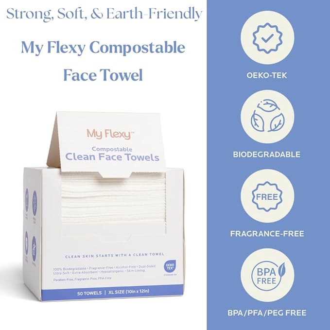Disposable Face Towels XL for Skin Care & Makeup Removal – 100% Biodegradable Towelette, Face Wash Cloth, Disposable Face Towel for Skincare, Facial Towels, Dry Wipe, Hypoallergenic -50 Count