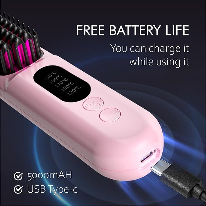 Mindrain Mini Cordless Hair Straightener Brush Pro A+, Portable Straightening Brush for Travel, Ionic Hot Comb Straightener, USB Rechargeable, It can be Used While Charging, Gifts for Women. (Pink)