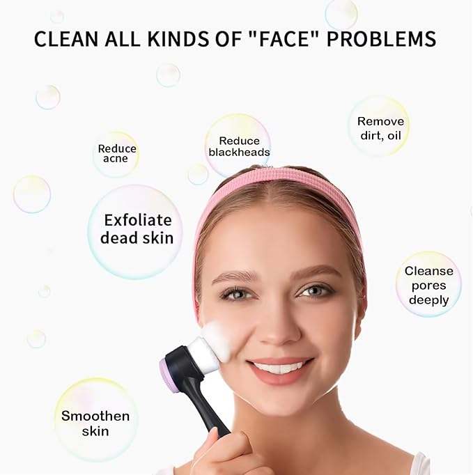 Face Brush 2 in 1, Facial Cleansing Exfoliating Scrubber Brush, Silicone Double Side Face Wash Scrub Brush with Super Soft Bristles for Deep Pore Cleansing, Massaging, Skincare Makeup Removal