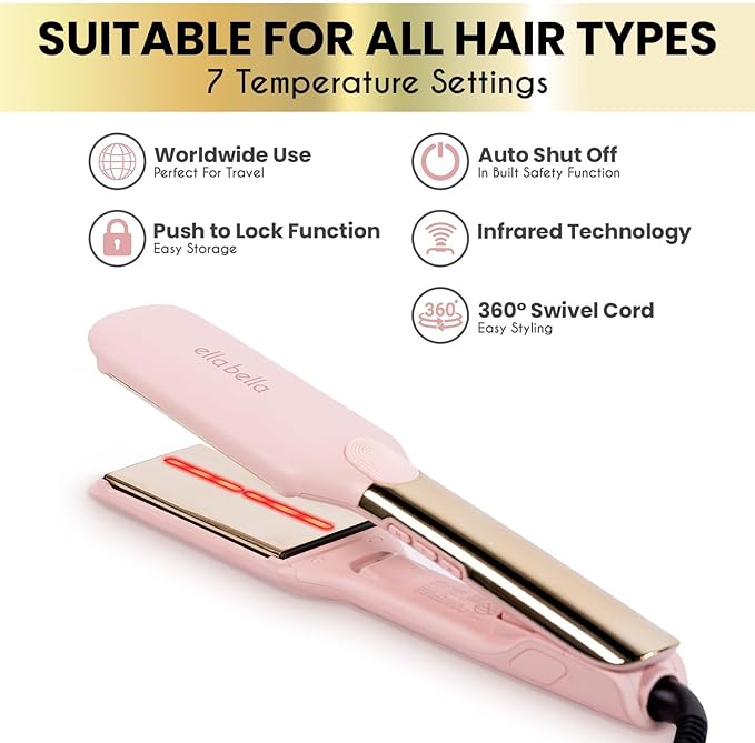 ELLA BELLA® Titanium Flat Iron Hair Straightener (with Infrared) • Professional Straightening Iron • Digital Display to Accurately Control Temperature • As Featured in Good Housekeeping