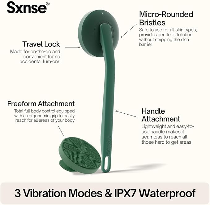 Aura Body Clean Pro⁺ - Silicone Electric Body Scrubber for Acne, Ingrown Hair & KP - IPX7 Waterproof, Rechargeable Exfoliating Shower Brush with Handle. Freeform Grip, & 7000+ Sonic Vibration - Forest