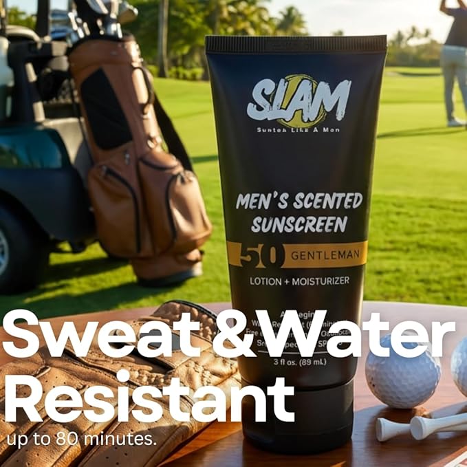 SLAM Men's Sunscreen Lotion SPF 50 & Moisturizer – Face & Body Sunblock, Anti-Aging, Water-Resistant, Hawaii Act 104 Safe, Skincare for Men, Scented & Unscented – 3 fl oz. each- Trio pack.