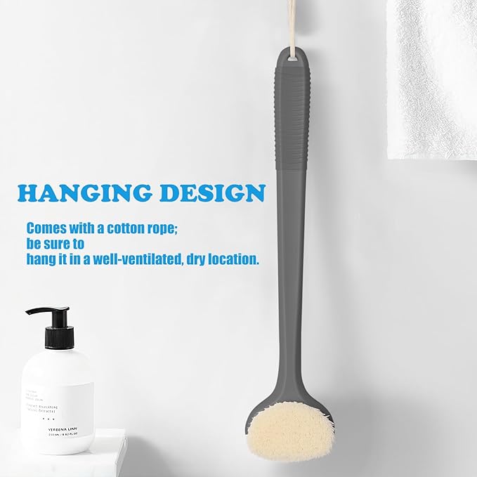 VANZAVANZU Back Scrubber for Shower, Bath Brush with 17-Inch Long Anti-Slip Handle, Wet and Dry Brushing Body Brush for Body Cleansing, Back Brush for Men and Women (Grey)