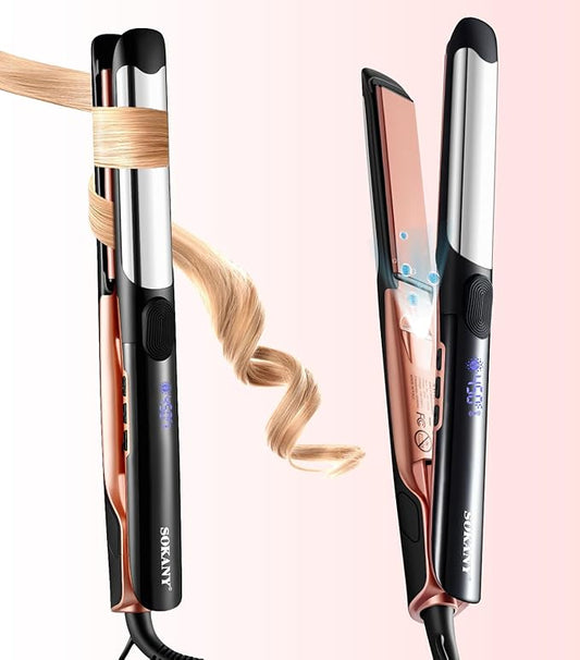 SOKANY 1 Inch Flat Iron Hair Straightener and Titanium Curler 2 in 1,Dual Voltage Smart 3D Ceramic Floating Plates Ionic Straightener,8 Temps Settings Fast Heating & Heat Protection