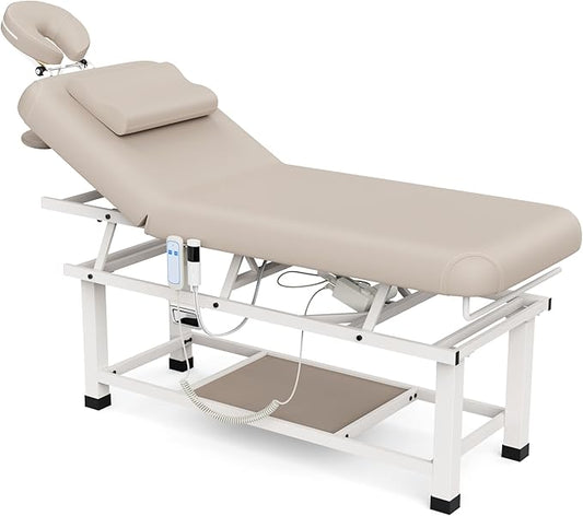 pouseayar Heavy Duty Electric Stationary Massage Table with Heating Function, Backrest Adjustable and Storage Space for Treatment/Medical Spa/Facial/Beauty/Massage Bed - 30 x 75 - Beige Gray