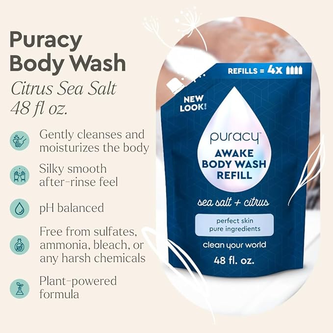 Puracy Body Wash Refill, Natural Body Wash, 98.6% Pure Plant Ingredients, Moisturizing Shower Gel for Women Men Kids, Body Soap for Dry Sensitive Skin Gently Scented with Citrus & Sea Salt, 48 Oz