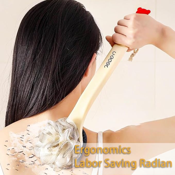 Long Handle Double Sided Shower Body Brush,Back Scrubber Bath Mesh Sponge with Curved Long Handle for Skin Exfoliating Bath,with Shower Foot Scrubber Brush,1 Piece.
