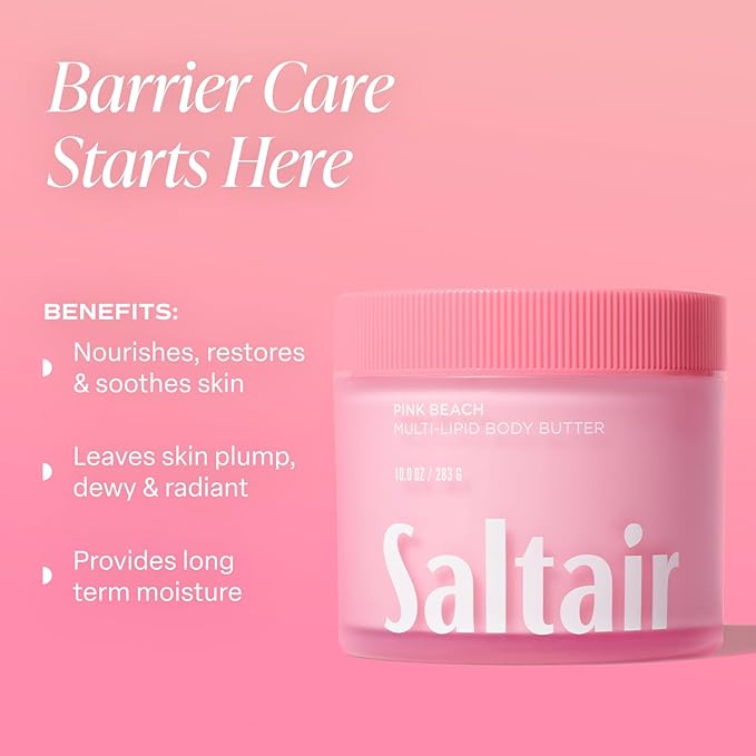 Saltair Multi-Lipid Body Butter - Rich, Nourishing Hydrating Body Cream with Ceramide Complex, Coconut Oil, Shea Butter, and Sea Buckthorn. Moisturizing Dry Skin Care. 10oz Jar - Pink Beach