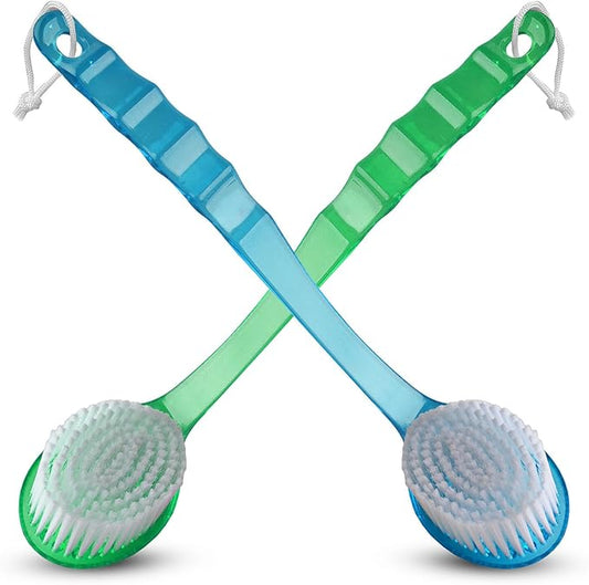 2 Pack Bath Body Brush Long Handle Back Shower Brush Exfoliating Back, Body, and Feet Scrubber Soft Nylon Bristles (Blue & Green)