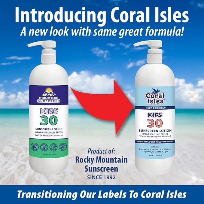 Coral Isles by Rocky Mountain Sunscreen | SPF 30 Lotion | Broad Spectrum UVA/UVB Protection | Hawaii Reef-Safe Act Compliant | Oxybenzone & Octinoxate Free | Water Resistant 80 Min. | 32 Fl Oz
