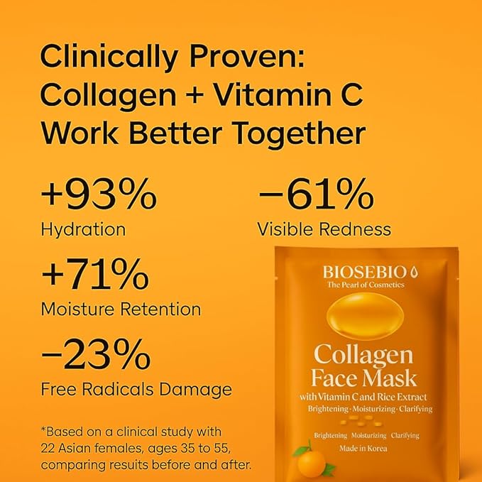 BIOSEBIO Korean Collagen Face Mask with Vitamin C & Rice Extract -5 Packs - Hyaluronic Acid Sheet Masks for Deep Hydration & Anti-Aging - Moisturizing Facial Skincare for Women