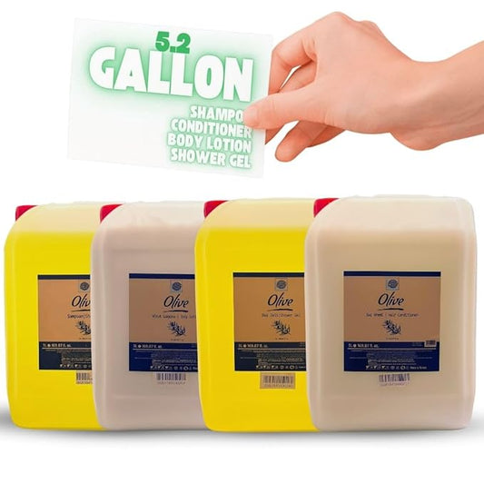 1.3-Gallon Each Bulk Shampoo, Shower Gel, Conditioner & Body Lotion Set – Olive Blossom Essence, Premium Ingredients, Made in Turkey – Ideal for Hotels, Rentals, Spas, Salons & Homes