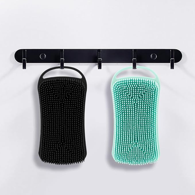2 PCS Soft Silicone Body Scrubber, 2 in 1 Exfoliating Shower Bath Scrubber, Silicone Loofah Bath and Shampoo Brush Body Shower Use Shower Hair Scalp Massager, Easy to Clean, Lather Well (Black&Green)
