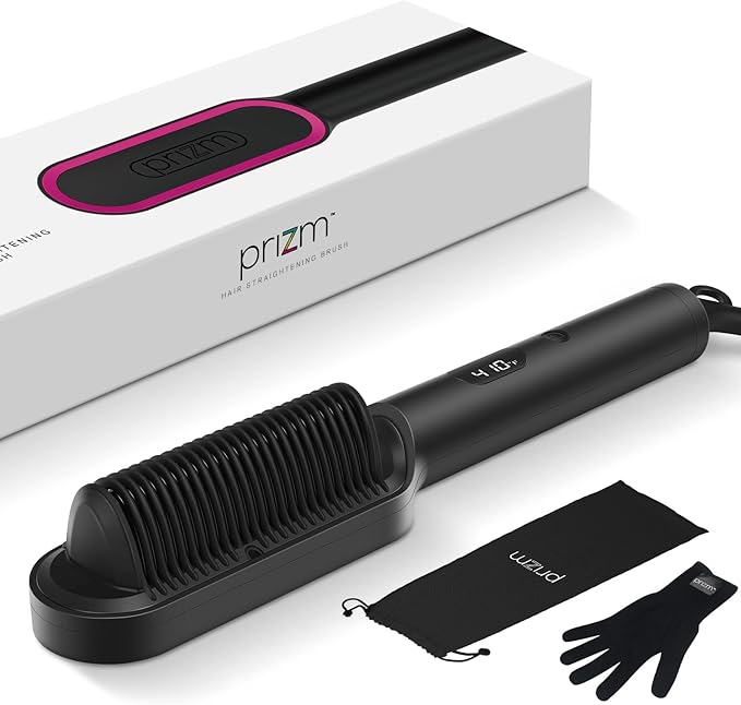Prizm Hair Straightener Brush, 20s Fast Heating, Negative Ions Hair Straightening Comb with Less Frizz, 4 Temp Settings & LED Display, Anti-Scald Design, Gift for Women, Dual Voltage, Black