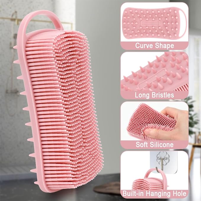 Silicone Body Scrubber, 2 in 1 Soft Silicone Loofah 2 Pack Exfoliating Body Scrubber Loofah for Women Men, Body Scrubber Shower Bath Shampoo Brush with Loop for Sensitive Skin Lather Well, Pink & Blue
