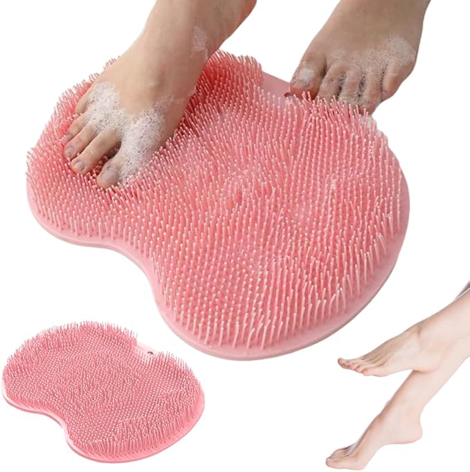 Shower Foot Scrubber Mat with Non-Slip Suction Cups, Non Slip Bathtub and Shower Mat with Suction Cups and Drain Holes, Foot Back Cleaning Pad Back Washer Exfoliating Bath Wash Pad (Pink)