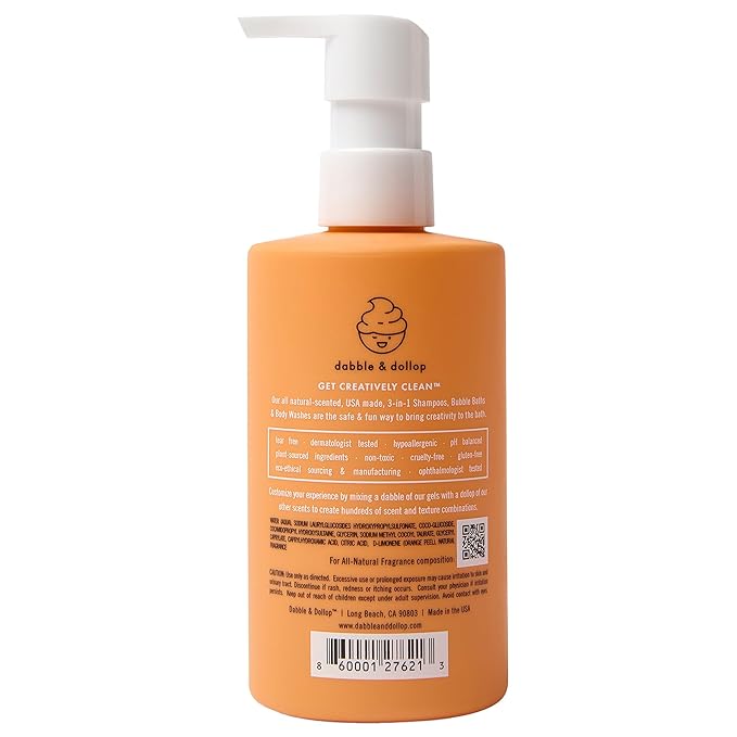 Dabble & Dollop All Natural Tangerine 3-in-1 Body Wash, Shampoo & Bubble Bath for Kids – Tear-Free, Gentle, Hypoallergenic, Vegan, No Parabens or Sulfates (10 fl oz, Pack of 2)