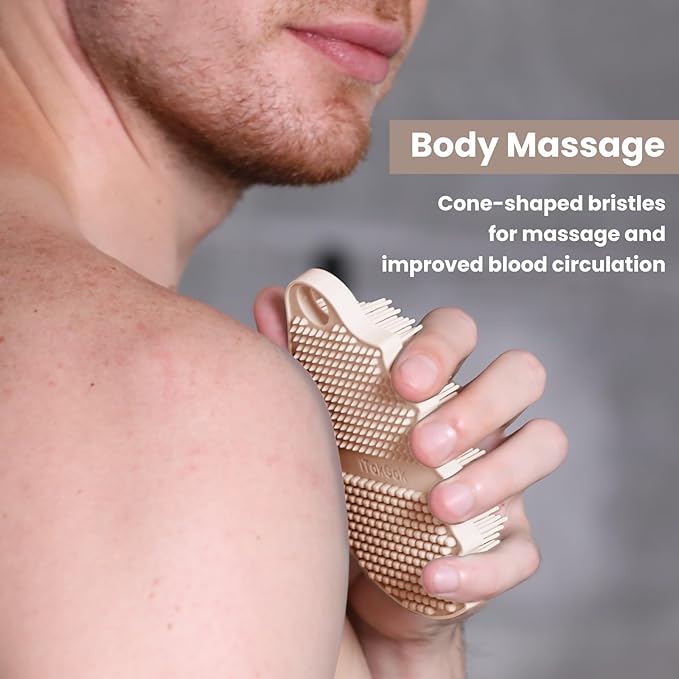 Silicone Body Scrubber Silver-Infused Dual-Sided 3-in-1 for Shower, Body Cleaning+Massage+Exfoliator Body Brush Buffer for Men and Women, Silicone Loofah, Non-Slip Handle (Sand Pink)