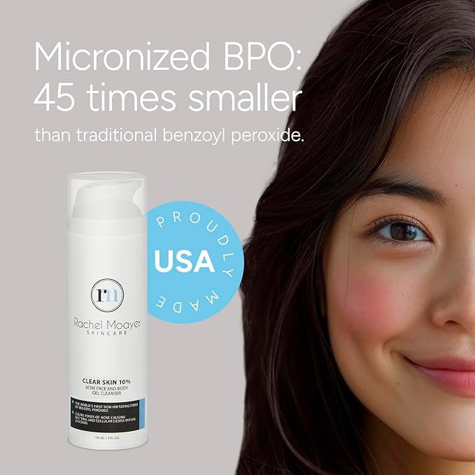 Rachel Moayer Clear Acne Face Wash & Acne Body Wash Gel Cleanser with 10% Benzoyl Peroxide, Ideal for Back Acne, Clear and Prevent Breakouts with Body Wash for Acne Prone Skin, Non-Irritating Formula