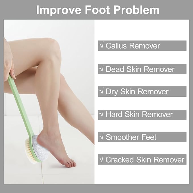 Pumice Stone for Feet and Shower Brush with Long Handle 14", Hard Skin Callus Remover, 2 in 1 Foot Scrubber Brush, Back Scrubber Body Brush for Shower Deep Cleansing and Exfoliating (Straight)