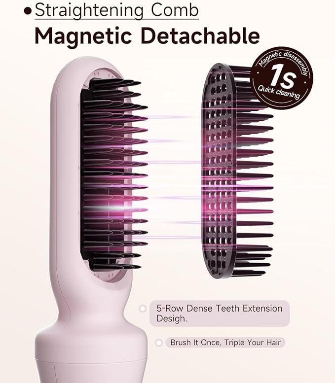 5 in 1 Auto Curling Iron Set with Interchangeable Barrels - 1", 1.25", 1.5" Curling Wand, Hair Crimper & Straightening Brush, Rotating Ceramic Curler, 3 Temp, Dual Voltage, Anti-Scald, Pink