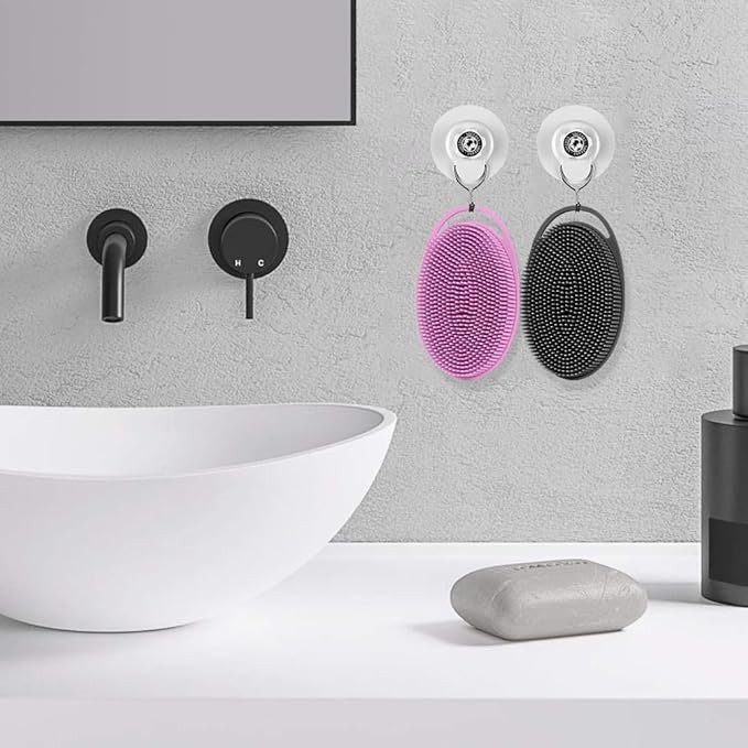 Soft Silicone Body Shower， Exfoliating Silicone Body Scrubber, Silicone Loofah 2 in 1 Bath and Shampoo Brush, Body Scrubber Shower Easy to Clean for Sensitive Skin, Lather Well 2 PCS Black and Purple