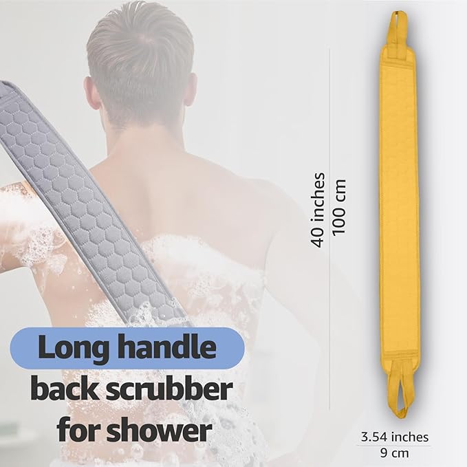 Back Scrubber for Shower with Handles, 40 Inch Extra Long Double-Sided Exfoliating Bath Strap, Textured Body Washer with Extended Reach for Deep Cleaning (Yellow)