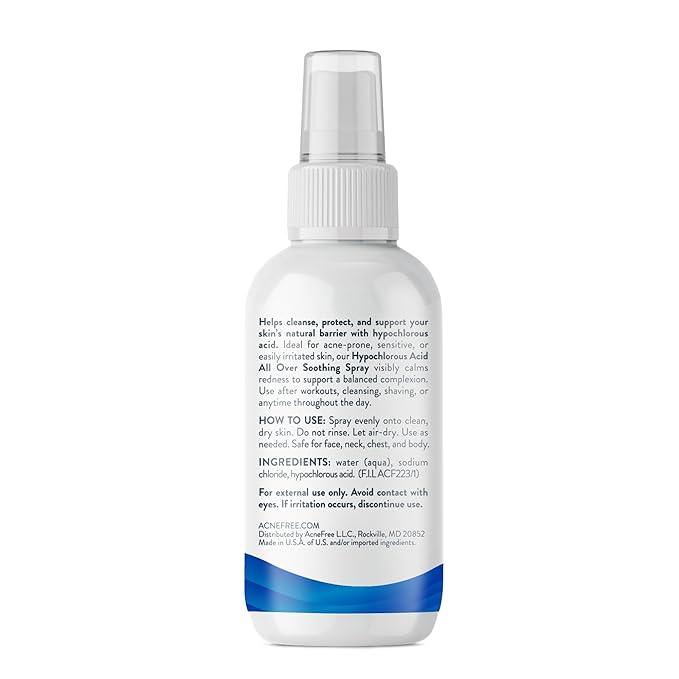 AcneFree Hypochlorous Acid Soothing Spray for Face & Body – Redness Relief Mist for Acne-Prone, Sensitive, or Irritated Skin – Gentle Daily Spray for Breakout Support & Skin Barrier Balance – 4 ounce
