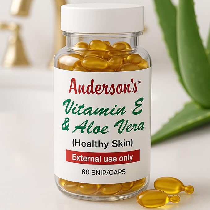 Anderson's Vitamin E & Aloe Vera Moisturizer Capsules – Anti-Aging Hydrating Cream for Face, Hands, & Body – Fast-Absorbing Lotion for Dry Skin, Fine Lines, & Dark Spots – 60 Travel-Friendly Capsules