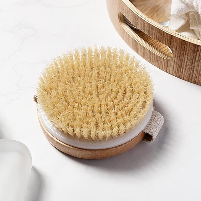 Round Wooden Natural Bristles Dry Bath Body Brush, Dia4.3” Handheld Shower Brush Back Scrubber for Exfoliating, Cellulite and Detox, etc.