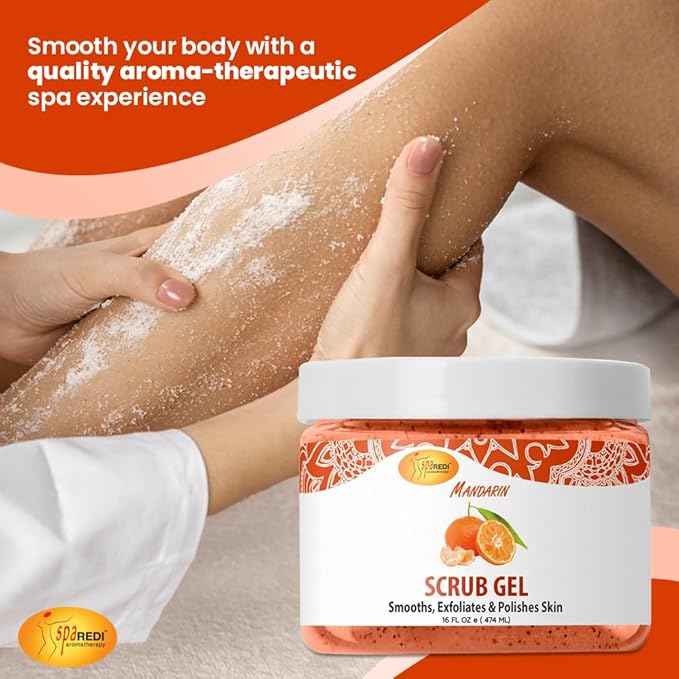 SPA REDI - Exfoliating Scrub Pumice Gel, Mandarin, 16 Oz - Manicure, Pedicure and Body Exfoliator Infused with Hyaluronic Acid, Amino Acids, Panthenol and Comfrey Extract