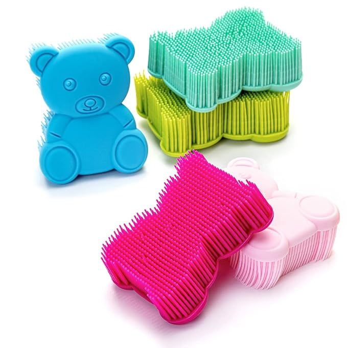 Premium Sensory Brush for Kids or Autism,Soft Silicone Body Scrubber,2 in 1 Sensory Room Occupational Therapy Sensory Brushes,Silicone Loofah,Pet Shower Brush Bath Brush Shampoo Brush(Bear-deep Pink)