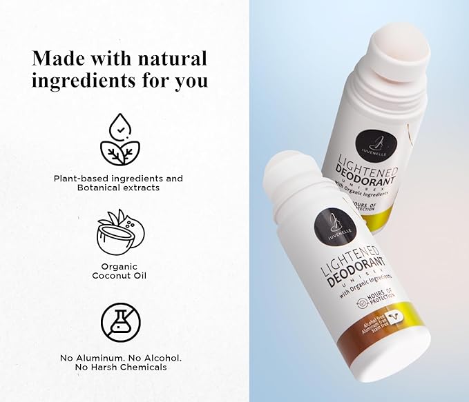 Lightened Natural Deodorant for Women & Men - Aluminum Free, Organic Ingredients, Skin-Brightening Formula - 24-Hour Odor Protection, Unisex, Alcohol-Free (75ml Roll-On)
