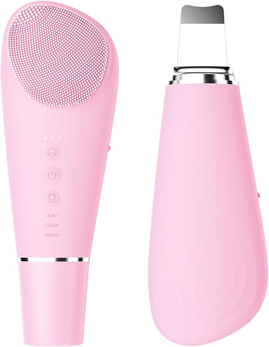 Silicone Face Scrubber Blackhead Scraper Rechargeable 2-in-1 Facial Cleansing Brush & Skin Spatula Duo, IPX7 Waterproof Exfoliating Massager Deep Cleansing for Women and Men（Light Pink）