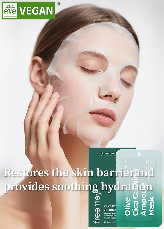 freemay Olive Cica Calming Ampoule Mask, Helps Support Skin Barrier & Calms Look of Redness, Vegan Sheet Mask for Sensitive Dry Acne-Prone Skin, 10 Sheets