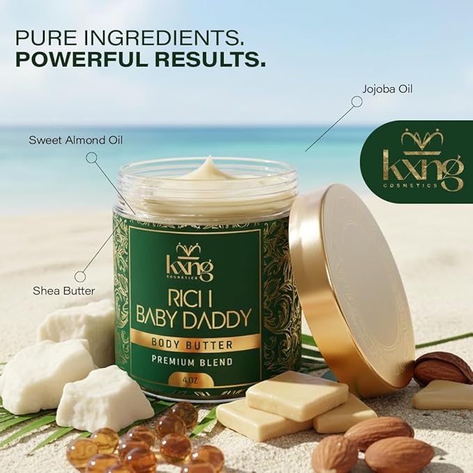 KXNG Cosmetics Luxury Shea Body Butter Cream – 4oz | Organic Body Butter for Men & Women with Cocoa, Mango & Coconut Oil | Moisturizing Cream for Hands, Feet & All Skin Types – Rich Baby Daddy
