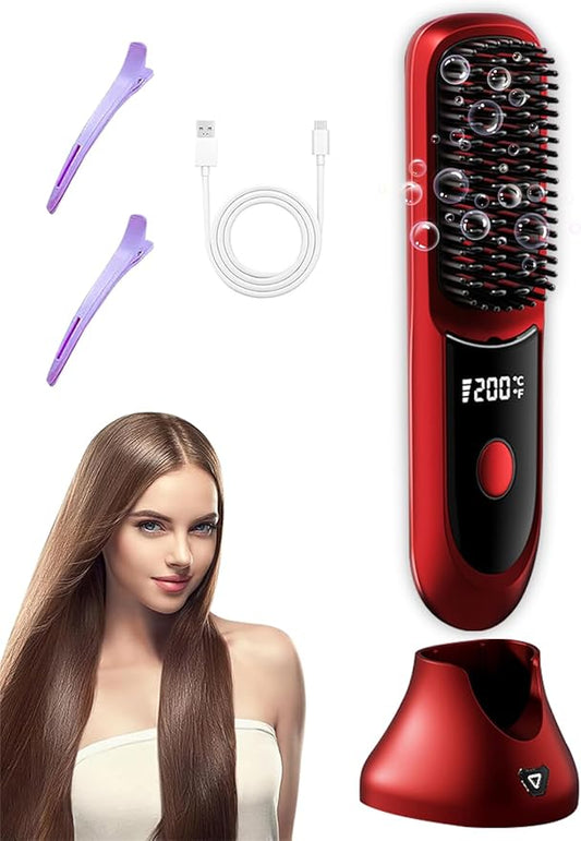 Go Brush Pro Hair Straightener – Cordless Comb with Negative Ion, 7400mAh Fast Heating & Portable Travel Design, Rechargeable Brush for Straightening and Curling (Red-1Pcs)