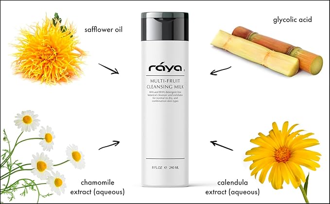 Raya Multi-Fruit Facial Cleansing Milk with AHA and BHA 8 oz (G-154) | Exfoliating Soap-Free Cleanser and Make-Up Remover for Dry and Combo Skin | Made with Multi-Fruit Alpha and Beta Hydroxy Acids