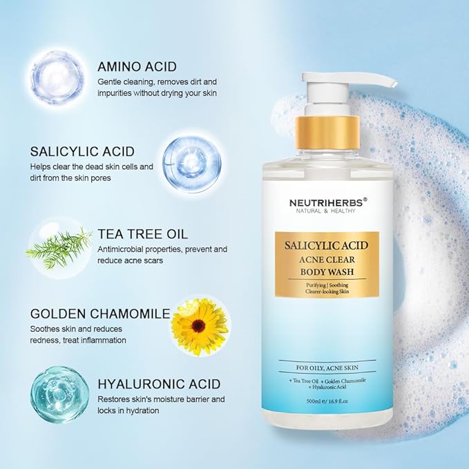 Neutriherbs Acne Body Wash, Anti Acne/Prone Skin Shower Gel For Women And Men, Daily Shower Soap With Salicylic Acid - Grapefruit Scent 16.9 Fl.Oz