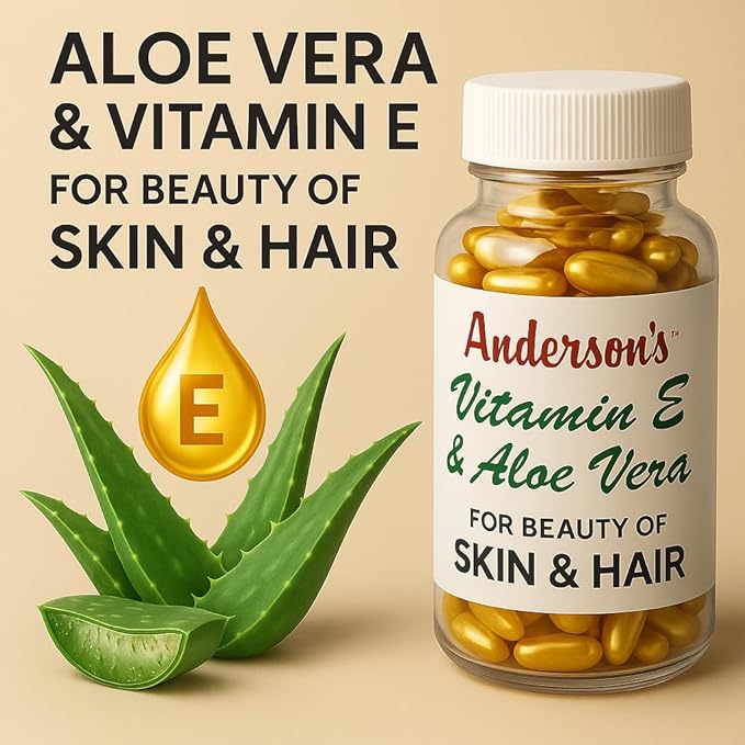 Anderson's Vitamin E & Aloe Vera Moisturizer Capsules – Anti-Aging Hydrating Cream for Face, Hands, & Body – Fast-Absorbing Lotion for Dry Skin, Fine Lines, & Dark Spots – 60 Travel-Friendly Capsules