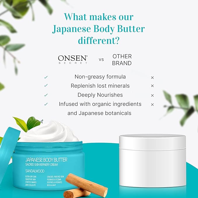 Onsen Japanese Body Butter for Women - Skin Refinery Cream Natural and Organic Shea Butter Moisturizing Clear Skin Exfoliator with Coconut Oil and Vitamin E - 8.6 fl oz / 255 ml (Sandalwood)