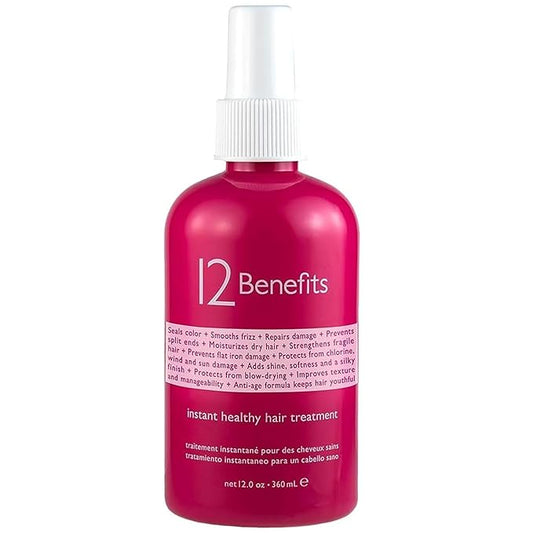12 Benefits Instant Healthy Hair Treatment - Leave In Conditioner Spray with Quaternium 39 and Silk Fibre Protein - Smooths Frizz, Strengthens & Repairs Damaged Hair - (12 Fl Oz)
